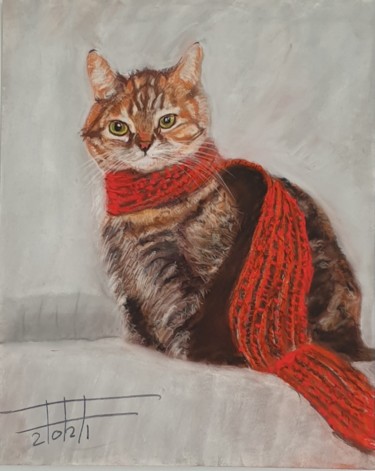Painting titled "Cat with red scarf" by Adel Fahmi, Original Artwork, Pastel