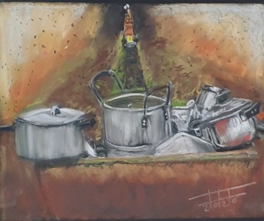 Painting titled "Pots and pans" by Adel Fahmi, Original Artwork, Pastel