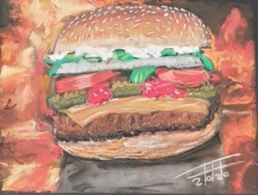 Painting titled "Yummy hamburger" by Adel Fahmi, Original Artwork, Pastel