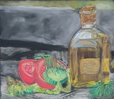 Painting titled "Olive oil, tomato a…" by Adel Fahmi, Original Artwork, Pastel