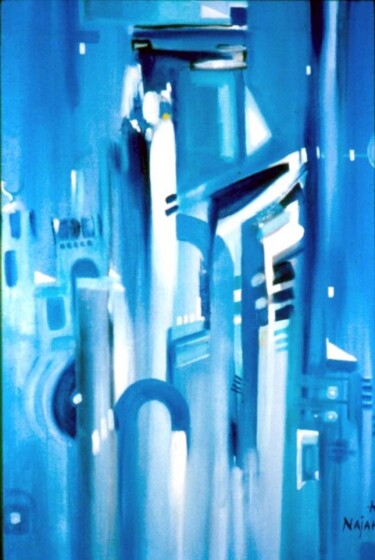 Painting titled "le village bleu" by Adel Najah, Original Artwork, Oil
