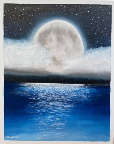 Painting titled "The Moon and Sea" by Adela Izabela Ștefan, Original Artwork, Oil