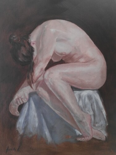 Painting titled "Seated female nude" by Adela V, Original Artwork, Oil Mounted on Cardboard