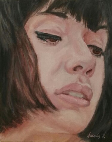 Painting titled "Looking down" by Adela V, Original Artwork, Oil Mounted on Cardboard