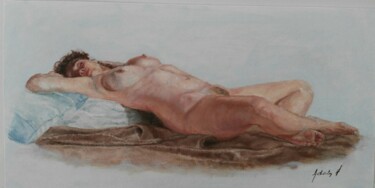 Schilderij getiteld "Resting female nude" door Adela V, Origineel Kunstwerk, Olie Gemonteerd op Karton
