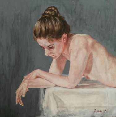 Painting titled "Thinking" by Adela V, Original Artwork, Oil Mounted on Cardboard