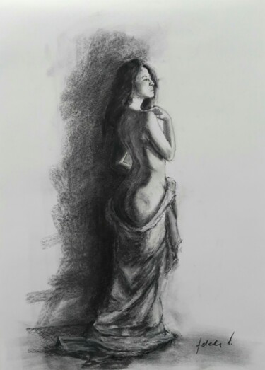 Drawing titled "Standing draped nude" by Adela V, Original Artwork, Charcoal