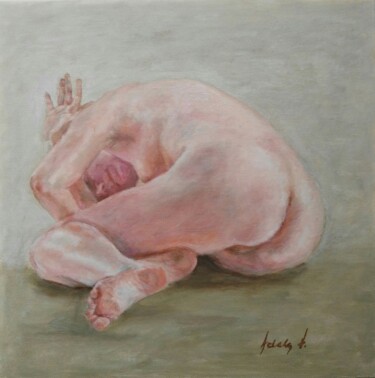 Painting titled "Crouching female nu…" by Adela V, Original Artwork, Oil Mounted on Cardboard