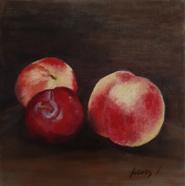 Painting titled "Still life with plu…" by Adela V, Original Artwork, Oil Mounted on Cardboard