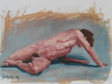 Painting titled "Reclining male nude…" by Adela V, Original Artwork, Oil Mounted on Cardboard