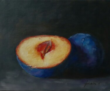 Painting titled "Still life with plu…" by Adela V, Original Artwork, Oil Mounted on Cardboard