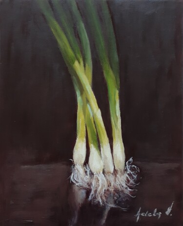 Painting titled "Still life with spr…" by Adela V, Original Artwork, Oil Mounted on Cardboard