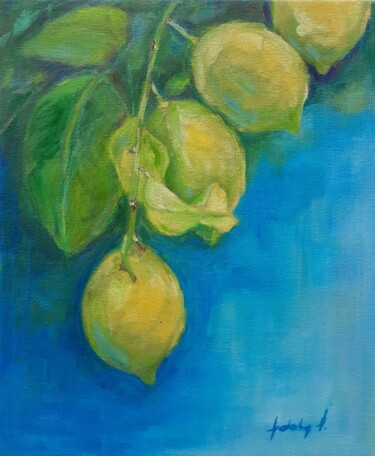 Картина под названием "Lemons on a branch" - Adela V, Подлинное произведение искусства, Масло Установлен на картон