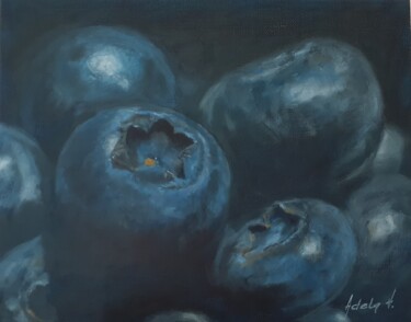 Painting titled "Still life with blu…" by Adela V, Original Artwork, Oil Mounted on Cardboard