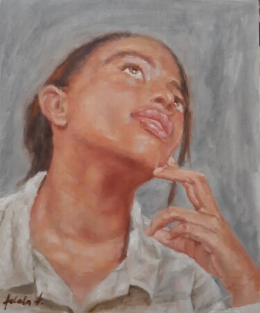 Painting titled "Daydreaming girl" by Adela V, Original Artwork, Oil Mounted on Cardboard