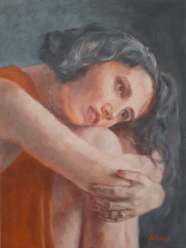 Painting titled "Pensive" by Adela V, Original Artwork, Oil Mounted on Wood Panel