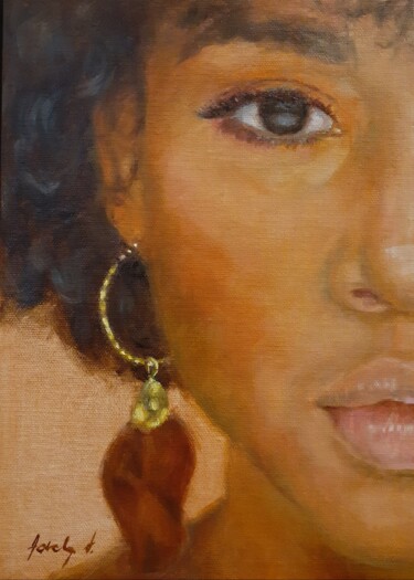 Painting titled "Woman with earring" by Adela V, Original Artwork, Oil Mounted on Wood Panel