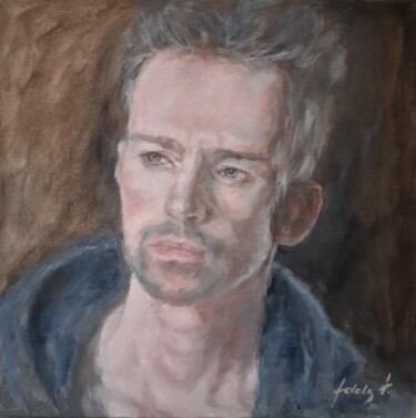 Painting titled "Man's portrait in a…" by Adela V, Original Artwork, Oil Mounted on Cardboard