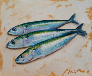 Painting titled "Three sardines" by Adela V, Original Artwork, Oil Mounted on Cardboard