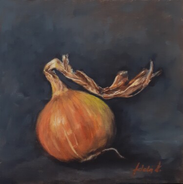 Painting titled "Onion oil painting" by Adela V, Original Artwork, Oil Mounted on Cardboard