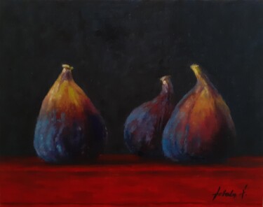 Painting titled "Three figs on a red…" by Adela V, Original Artwork, Oil Mounted on Cardboard
