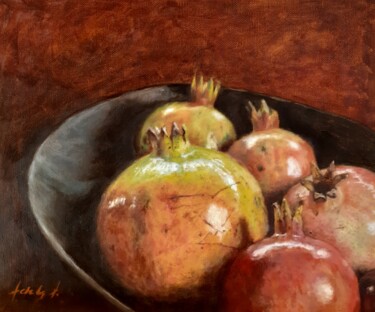 Pittura intitolato "Bowl of Pomegranates" da Adela V, Opera d'arte originale, Olio Montato su Cartone