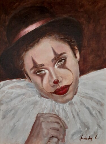 Painting titled "Il Pagliaccio" by Adela V, Original Artwork, Oil Mounted on Wood Panel