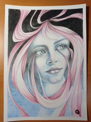 Dessin intitulée "Girl with pink hair…" par Adelacreative, Œuvre d'art originale, Crayon