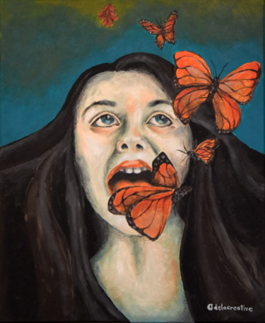 Painting titled "Girl with Butterfli…" by Adelacreative, Original Artwork, Acrylic Mounted on Wood Stretcher frame