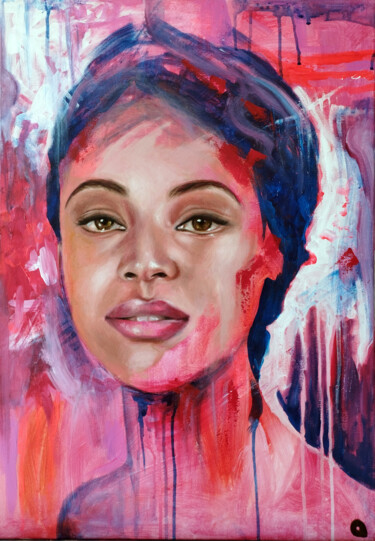 Malarstwo zatytułowany „Pink beauty, portra…” autorstwa Adelacreative, Oryginalna praca, Akryl Zamontowany na Drewniana rama…