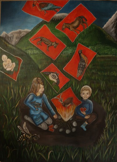 Painting titled ""Jeu de cartes"" by Adélaïde Simon, Original Artwork, Acrylic Mounted on Wood Stretcher frame