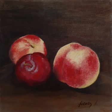 Still life with plum and peaches Peinture intitulée "Still life with plu…" par Adela V, Œuvre d'art originale, Huile Monté sur Carton