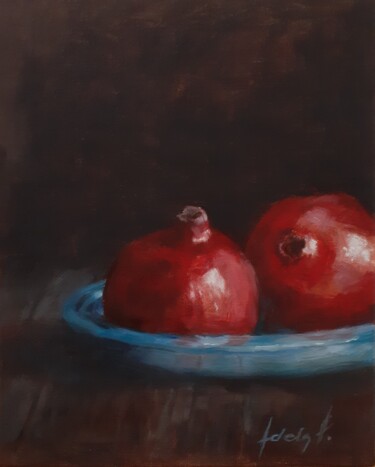 Pomegranates on a blue plate Painting titled "Pomegranates on a b…" by Adela V, Original Art, Oil Mounted on Cardboard