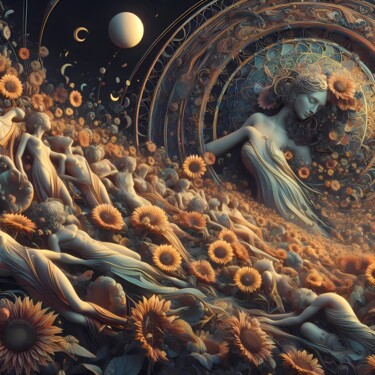 Digitale Kunst getiteld "Sunflower Storm" door Ademà, Origineel Kunstwerk, AI gegenereerde afbeelding