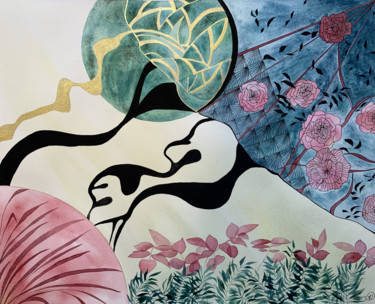 Malerei mit dem Titel "Space Flowers" von Aline Demarais, Original-Kunstwerk, Aquarell