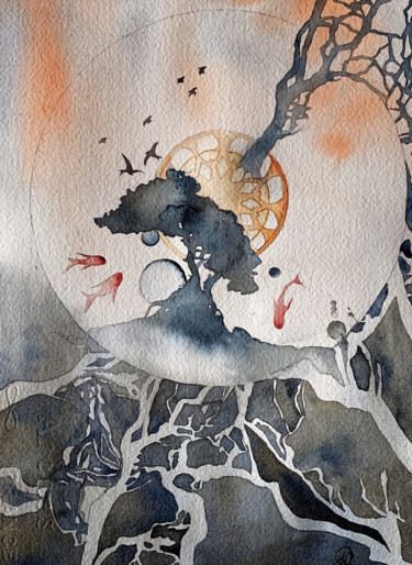 Malerei mit dem Titel "De la Terre vers le…" von Aline Demarais, Original-Kunstwerk, Aquarell