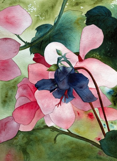 Painting titled "De rose et de Vert" by Aline Demarais, Original Artwork, Watercolor