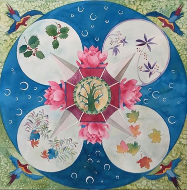Painting titled "Mandala les 4 saiso…" by Aline Demarais, Original Artwork, Watercolor