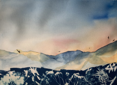 Painting titled "Montagnes, les chem…" by Aline Demarais, Original Artwork, Watercolor