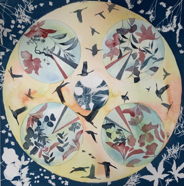 Mandala, les oies sauvages Peinture intitulée "Mandala, les oies s…" par Aline Demarais, Œuvre d'art originale, Aquarelle