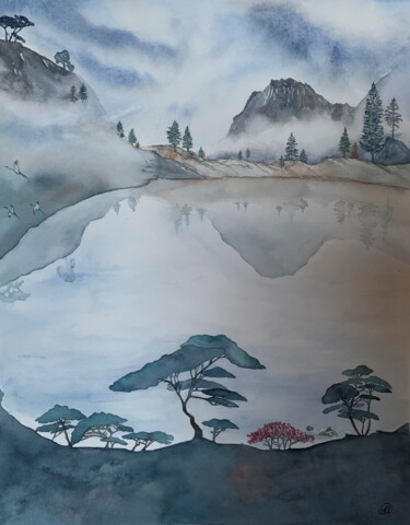 Painting titled "Le Lac et la Brume" by Aline Demarais, Original Artwork, Watercolor