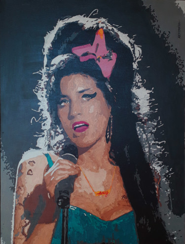 Painting titled "Amy Winehouse live" by Ademoreira, Original Artwork, Acrylic Mounted on Wood Panel