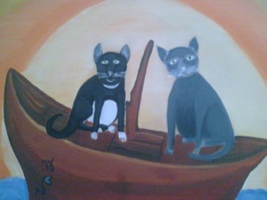 Painting titled "cats on a boat" by Adi Lev, Original Artwork