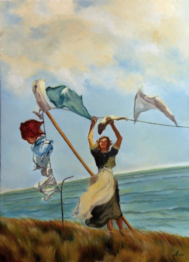 Painting titled "Summer wind" by Adina Lupan, Original Artwork, Oil Mounted on Wood Stretcher frame