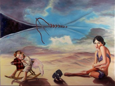 Painting titled "Sew my skies" by Adina Lupan, Original Artwork, Oil Mounted on Wood Stretcher frame