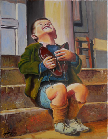 Painting titled "The new shoes" by Adina Lupan, Original Artwork, Oil Mounted on Wood Stretcher frame