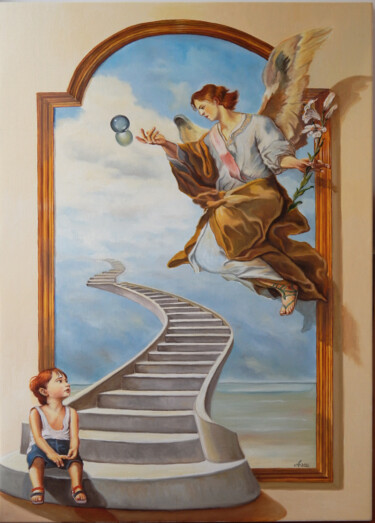 Painting titled "Messenger of hope" by Adina Lupan, Original Artwork, Oil Mounted on Wood Stretcher frame