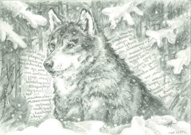 Рисунок под названием "Wolf in the winter…" - Nailya Adiyatova, Подлинное произведение искусства, Карандаш