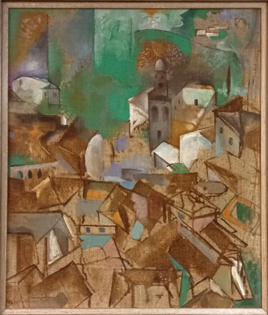 Painting titled "Village of Qeparo A…" by Nandi Veseli, Original Artwork, Oil Mounted on Wood Stretcher frame