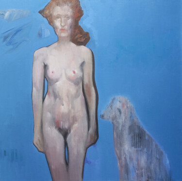 Painting titled "The Nude and a dog" by Nandi Veseli, Original Artwork, Oil Mounted on Wood Stretcher frame